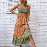 Bohemian Floral Print Ruffle Hem Maxi Dress Summer Style Lightweight Fabric Elegant Draping Whol