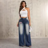 Vintage Embroidered Wide Leg Jeans Loose Fit Casual Style Womens Fashion Wholesale Available