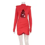 Bodycon Dress Hollow Out Design Shoulder Pads Long Sleeve Solid Color Elegant for Parties and Ev