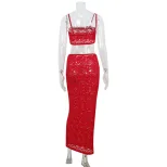 Red Lace Sheer Two Piece Set Strapless Crop Top Bodycon Skirt Sexy Night Out or Party Wear Whole
