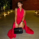 Elegant Solid Color Bodycon Maxi Dress with Side Slit Waist Cinching Design Ruffled Neckline Per