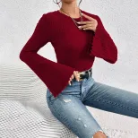 Round Neck Bell Sleeve Burgundy T Shirt Spring Summer Fashion Versatile Office Wear Wholesale Av