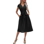 Elegant Black V Neck Dress Minimalist Style Versatile Fit Summer Fashion Wholesale Available