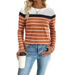 Womens Long Sleeve Striped T Shirt Casual Round Neck Soft Fabric Autumn Wear custom packaging