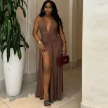 Sleeveless Deep V Neck Split Back Dress Solid Color High Slit Waist Defining Elegant Style Perfe