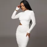 Elegant Bodycon Dress Long Sleeve Hollow Out Ruffled Design Solid Color Spring Fall Occasion Who