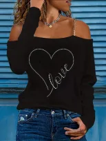 Womens Heart Print Long Sleeve T Shirt Stylish Off Shoulder Design Casual Streetwear Wholesale A