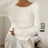 Lace Panel Long Sleeve Top Sexy Slim Fit Backless Design Ribbed Texture Perfect for Parties and