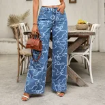 Casual Wide Leg Printed Denim Pants Fashionable Versatile Relaxed Fit Ideal for Everyday Wear Wh