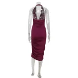 Bodycon Purple Dress Halter Neck V Neck Ruched Design Elegant Evening Wear Wholesale Available