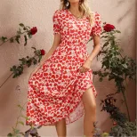 Floral V Neck Long Sleeve Dress Slim Fit Mid Length Elegant Style Perfect for Spring and Summer