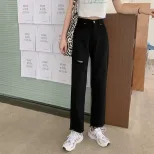 2022秋冬新款时尚休闲高腰显瘦黑色破洞毛边牛仔裤女直筒裤长裤
