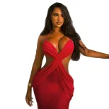 Backless Ruched Bodycon Dress Sleeveless Low Cut Solid Color Elegant Evening Wear for Parties Wh