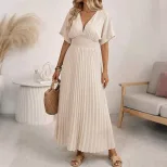 Casual Solid Color V Neck Pleated Maxi Dress Elegant Design Comfortable Fit Versatile Style Whol