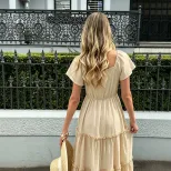 French Style V Neck Short Sleeve Cake Dress Slim Fit Waist Defining Lightweight Fabric Summer Va