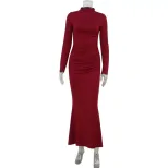 Womens Long Sleeve Bodycon Dress Solid Color Simple Design Mermaid Hem Perfect for Autumn Events