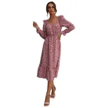 Floral Print Long Sleeve Dress Square Neck Spring Fashion Womens Apparel Wholesale Available