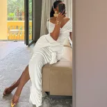 Womens Elegant Solid Color Dress Off Shoulder Split Hem Flowing Ribbons Casual or Party Wear Who