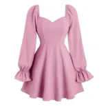 Pink Sweetheart Puff Sleeve Mini Dress Square Neck Waist Defining Flattering Fit Spring Summer F
