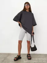 Womens Loose Fit Cotton T Shirt 260g Fabric Short Sleeve Solid Color Spring Summer Casual Wear W