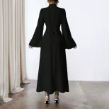 Black Long Sleeve Dress Vintage Style Waist Defining Flared Sleeves Spring Summer Occasion Whole