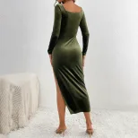 Elegant Velvet Bodycon Dress Long Sleeve Split Hem Slim Fit Spring and Autumn Fashion Wholesale