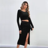 Velvet Bodycon Dress Sexy Hollow Out Split Design Long Sleeve Evening Party Wear Wholesale Avail