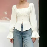 French Style Square Neck Puff Sleeve Chiffon Blouse Slim Fit High Split Vintage Design Perfect f