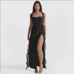 Fashionable Womens Dress Ruffled Trim Split Design Elegant Style Summer and Autumn Collection Wh