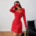 Womens Fashionable Simple Commuter Dress Slim Fit Short Skirt Red Color Spring Summer Collection