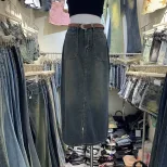 2023春秋季新款双口袋开叉牛仔裙女高腰长款宽松显瘦垂感直筒半裙