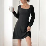 Lace Backless Knitted Dress Bow Tie Detail Square Neck Solid Color Elegant Evening Wear OEM Avai