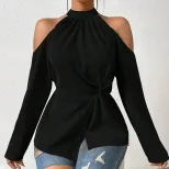 Womens Elegant Cold Shoulder Long Sleeve T Shirt Chic Design Spring Summer Style High Quality Fa