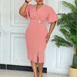Fashionable V Neck Puff Sleeve Bodycon Dress Solid Color Waist Defined Side Slit Perfect for Par