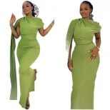 Elegant Womens Midi Dress Slim Fit Ruffled Asymmetrical Neckline Solid Color Tie Detail Perfect