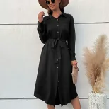 Elegant Black Long Dress Shirt Collar Autumn Winter European and American Style Perfect for Offi