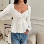 Elegant Womens Long Sleeve Top Solid Color U Neck Lace Trim Tie Detail Winter Fashion Wholesale