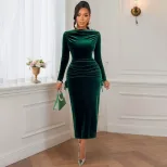 Velvet Maxi Dress for Women Dark Green Long Sleeve Slim Fit Side Pleats Elegant Spring Summer Ou