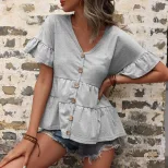 Casual Loose V Neck T Shirt Ruffle Sleeve Solid Color Trendy Style Perfect for Vacation Wear Who