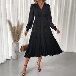 Elegant V Neck Lace Long Sleeve Dress Waist Defining Solid Color Perfect for Formal Events Whole