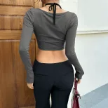 Womens Gray Long Sleeve T Shirt Fitted Design with Square Neck and Flared Sleeves Casual Wear