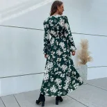 High End Womens Dress Green Floral Print V Neck Long Sleeve Spring Fall Fashion Wholesale Availa