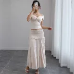 Summer Womens Two Piece Set Crop Top with Low Neckline Ruffled Skirt Chic French Style for Casua