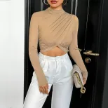 Elegant Womens Cropped T Shirt Slim Fit Half High Neck Long Sleeve Solid Color Summer Casual Wea