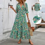 Abstract Print V Neck Midi Cake Dress Ethnic Style Short Sleeve Vacation Ready Wholesale Availab