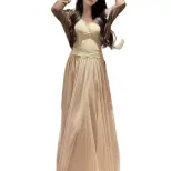 Layered Mesh Maxi Skirt for Women Elastic Waist Casual Spring Summer Wear in Apricot