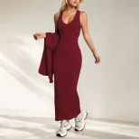 Womens Solid Color Knit Two Piece Dress Set Elegant Commuter Style Perfect for Spring and Summer