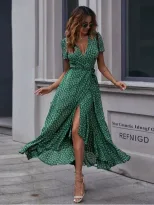 Floral Print V Neck Short Sleeve Wrap Dress Casual Elegant Comfortable Perfect for Parties and G