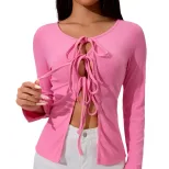 Womens Sexy Tie Front Cardigan T Shirt Elegant Design Spring Summer Style Vivid Fuchsia Color Wh