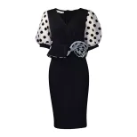 Plus Size Womens Dress Fashionable Polka Dot Mesh Panel V Neck Elegant Style for Parties Wholesa